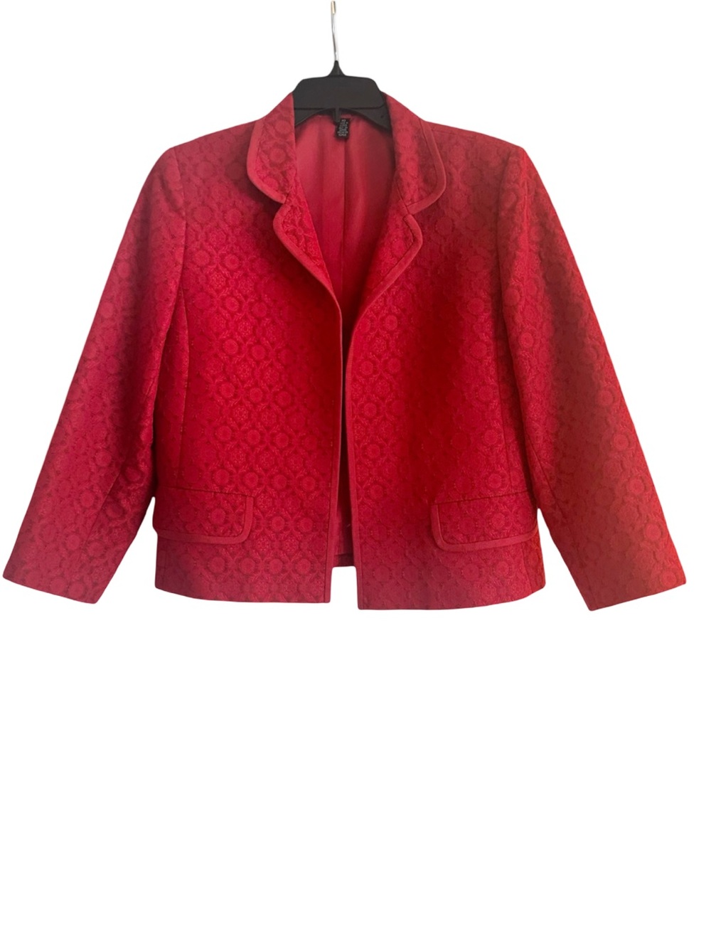 Linda Allard Ellen Tracy Red Floral Brocade Notched Collar Fully Lined Blazer